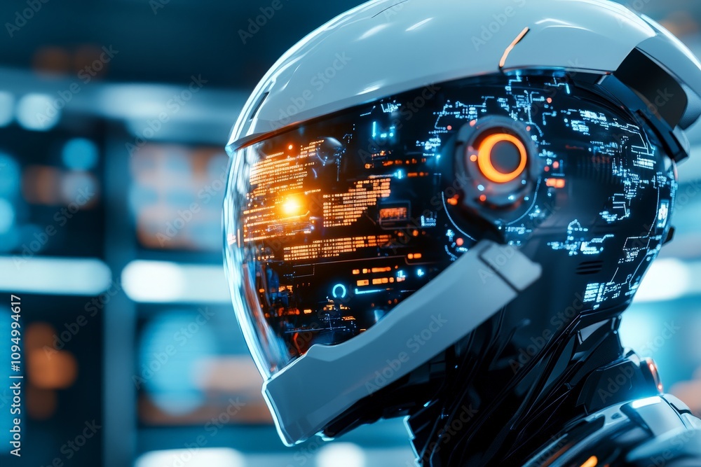 Poster a visually striking robot helmet displays complex digital interfaces, representing cutting-edge tech