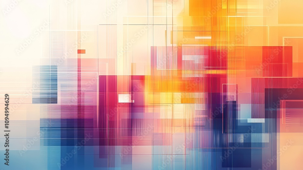 Poster A vibrant abstract composition featuring overlapping geometric shapes and a blend of warm and cool colors, creating a dynamic visual experience.