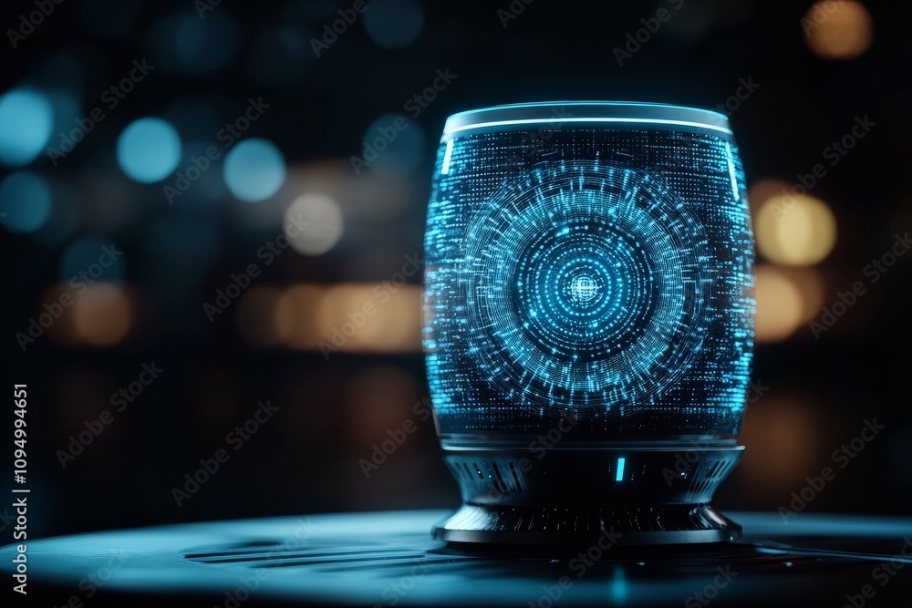 Poster a glowing, futuristic hologram device showcases intricate digital patterns, symbolizing advanced tec