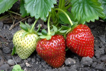 Strawberry plantation in the garden. Rows of strawberry plants in the garden.