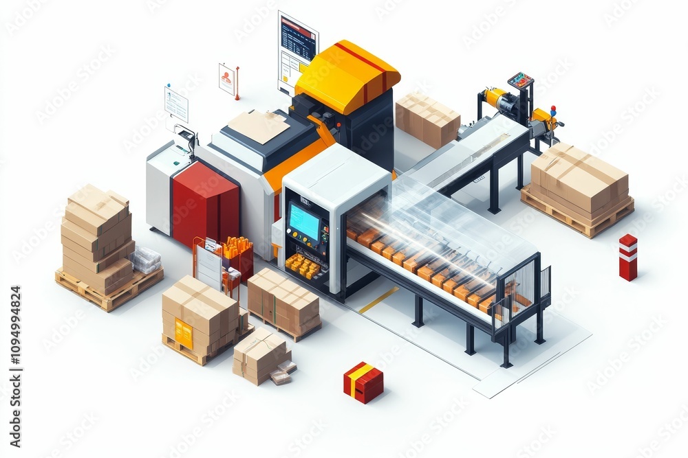 Poster automated packaging system; boxes on pallets.