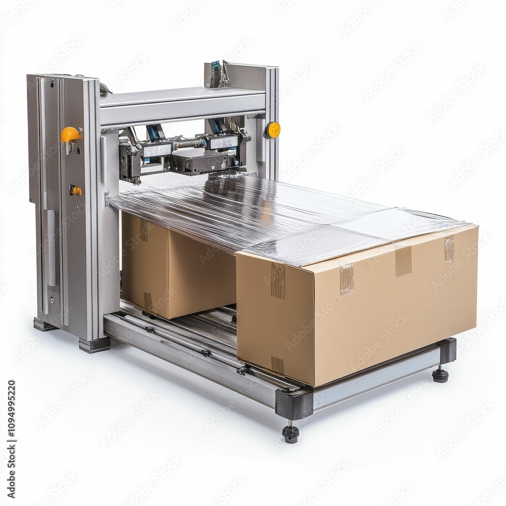 Poster automated machine wrapping cardboard boxes in plastic.