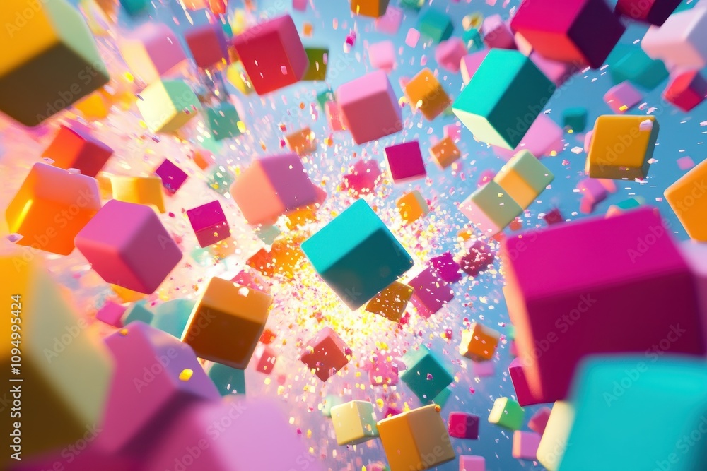 Poster colorful cubes burst with sparkles in dynamic scene