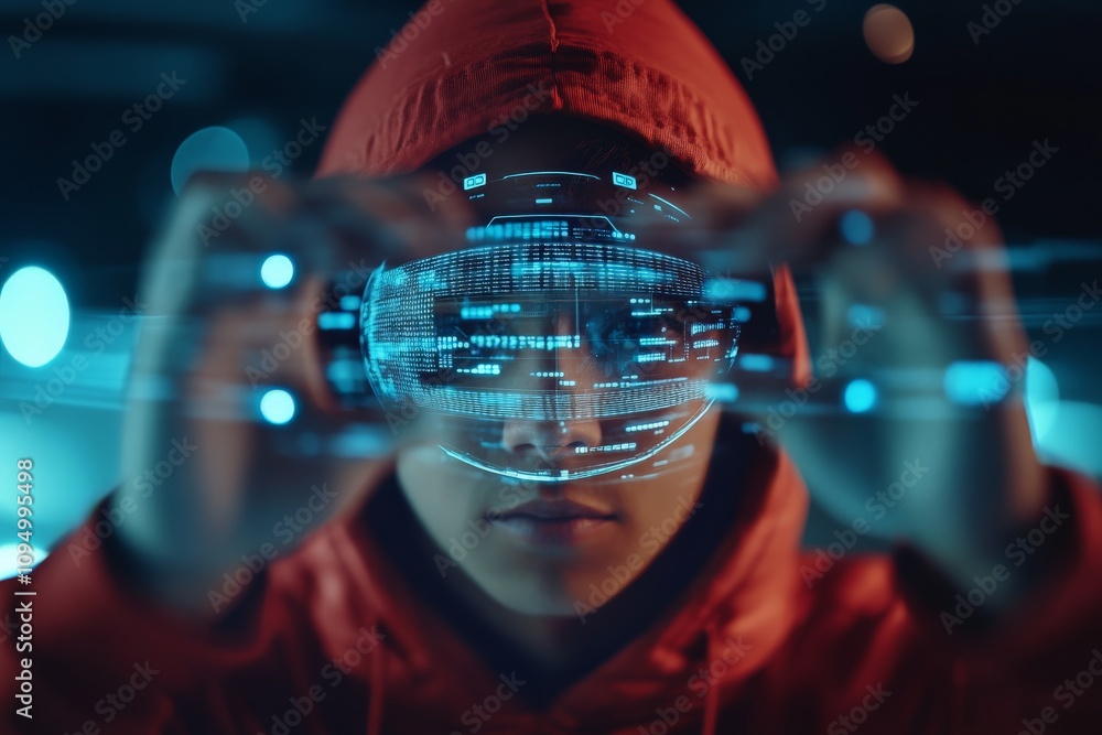 Poster image of a young person using augmented reality technology with a digital overlay interface, engagin