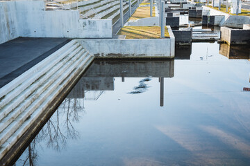 In a flooded area, a dock reflects beautifully upon the surface of the water, mirroring a nearby...
