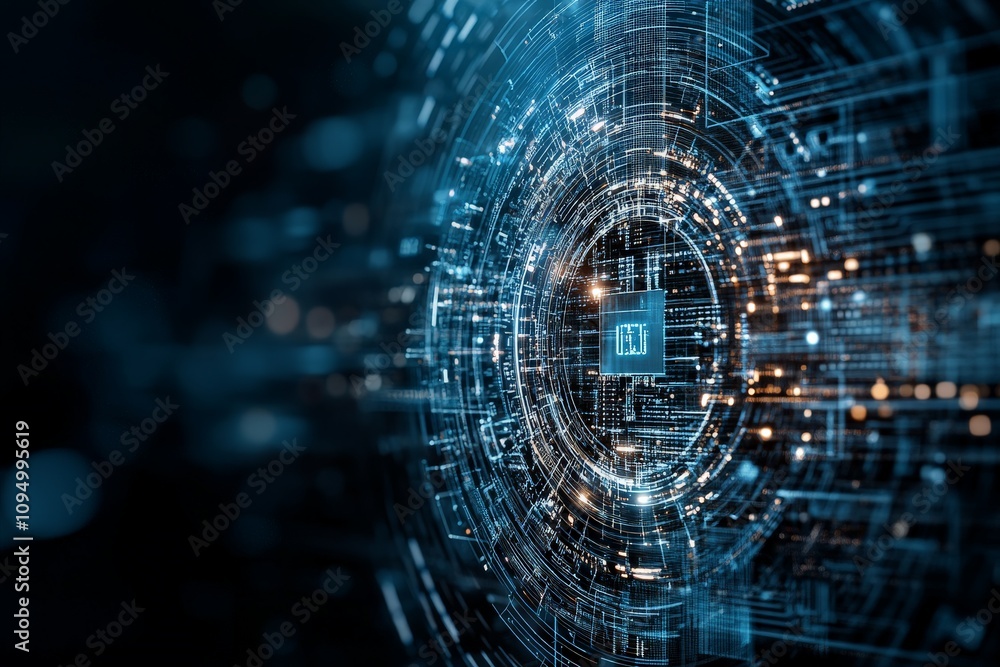 Poster a futuristic digital vortex, filled with intricate circuitry patterns and a glowing central tech ele