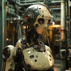 Fototapeta premium Aged robot, mechanical details, industrial setting.