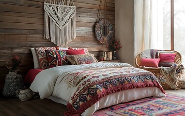 Bohemian bedroom with ethnic decor and textiles.