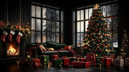 Warm and Inviting Christmas Living Room with Vintage Sofa, Floor-to-Ceiling Windows, and Festive Decor. Ideal for Holiday Card Designs, Winter Themed Illustrations, and Homey Atmosphere.
