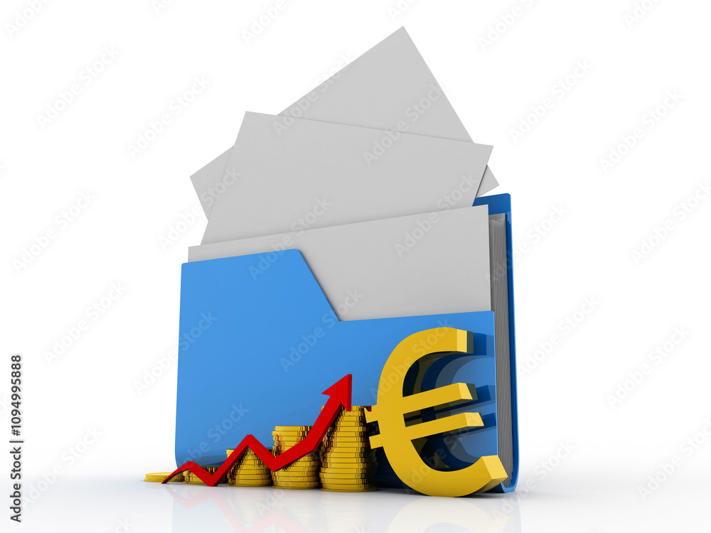 Poster 3d rendering euro currency symbol with inflation graph near folder