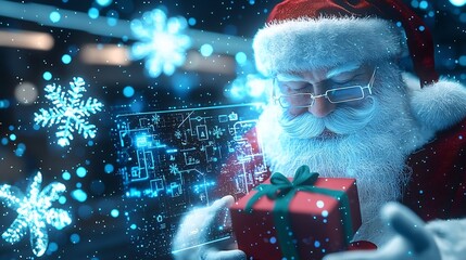 Digital Santa Claus figure holding a virtual gift surrounded by festive snowflakes and glowing technological elements creating a futuristic magical and visually striking Christmas scene