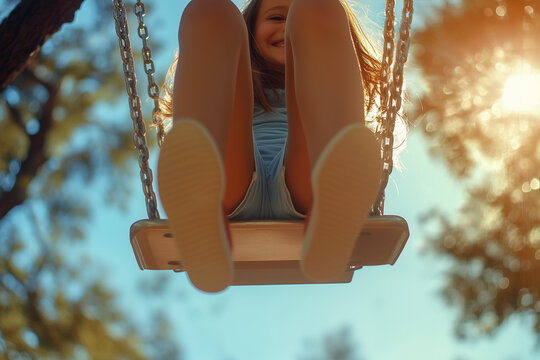A little girl is having fun riding a swing on a playground in a public park on a hot sunny summer morning. Close-up of children's legs