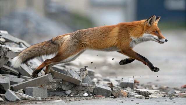 A vibrant foxlike creature bounds gracefully over shattered debris its agile body twisting and turning to maintain balance and speed.