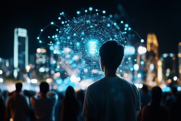 A man stands observing a digital network sphere filled with nodes and connections, set against a vibrant cityscape illuminated by a mix of colorful lights at night.