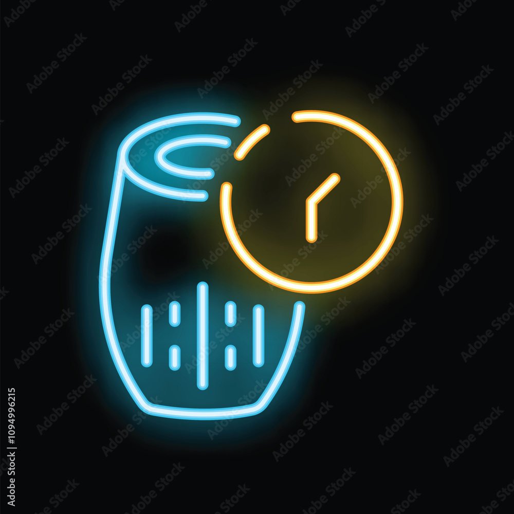 Poster neon sign of a smart speaker with a clock, symbolizing the concept of time management and automation