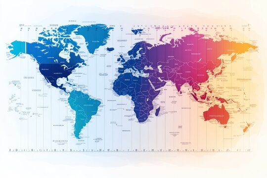 Colorful World Map Showing Time Zones And Countries