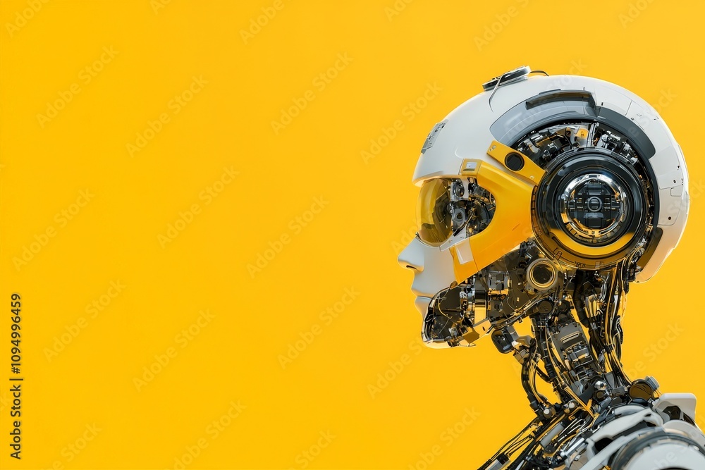 Poster a sleek, futuristic robot is depicted in a side profile against a bold yellow background, emphasizin