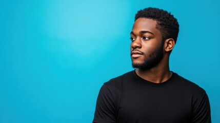Obraz premium African American man in a blank black t-shirt displayed for logo and design mockup