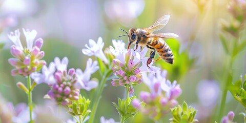 Fototapeta premium Bees collecting pollen from vibrant flowers.