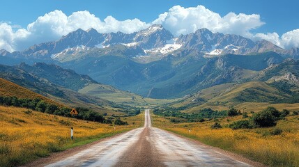 Fototapeta premium A scenic dirt road leads through lush fields towards majestic mountains under a bright sky.