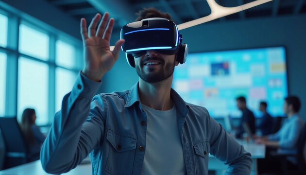 Man in VR headset working in modern office, future technology concept, use of advanced technologies, virtual reality glasses - Powered by Adobe