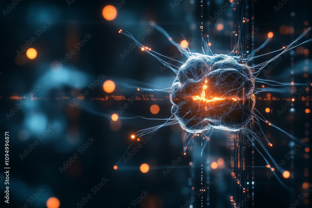 Poster a digital representation of a neural network with glowing, interconnected lines and nodes, symbolizi