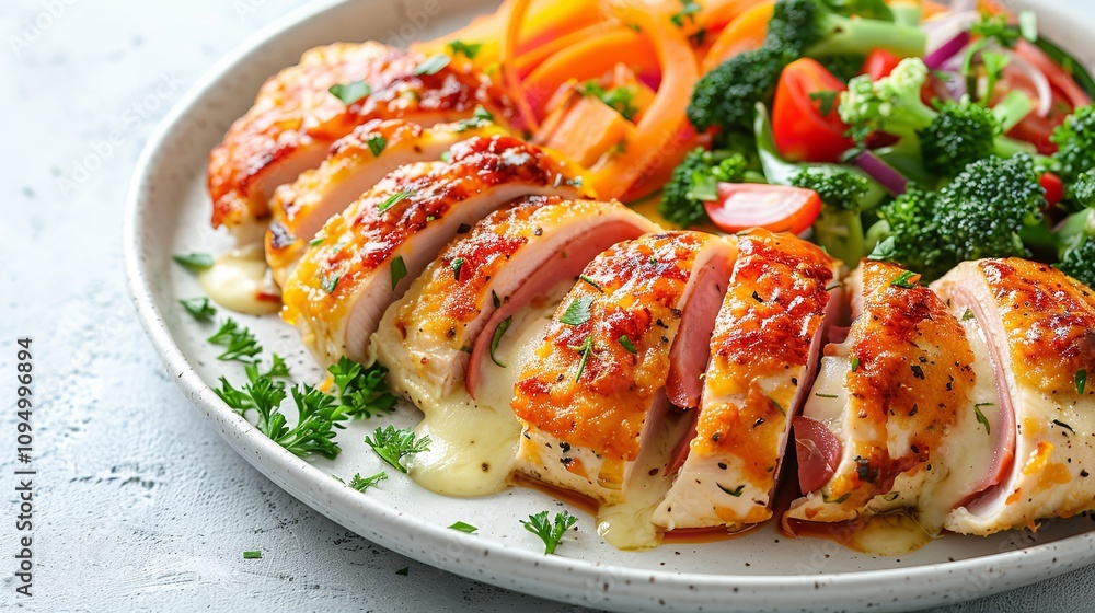Poster a close-up of sliced chicken cordon bleu on a white background shows gooey cheese and ham served wit