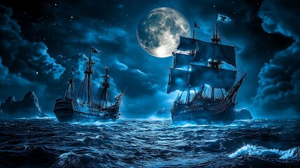 Two Silhouetted Sailing Ships Under a Full Moon and Starry Sky