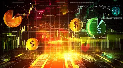 Dynamic visual representation of investment portfolio management featuring a captivating array of colorful graphs pie charts and dollar symbols to convey the complexities of financial data