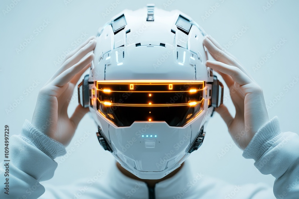 Poster the image features an individual putting on a sophisticated high-tech white helmet with an illuminat