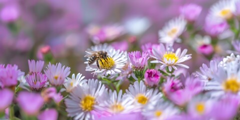 Obraz premium Bees collecting pollen from vibrant flowers.