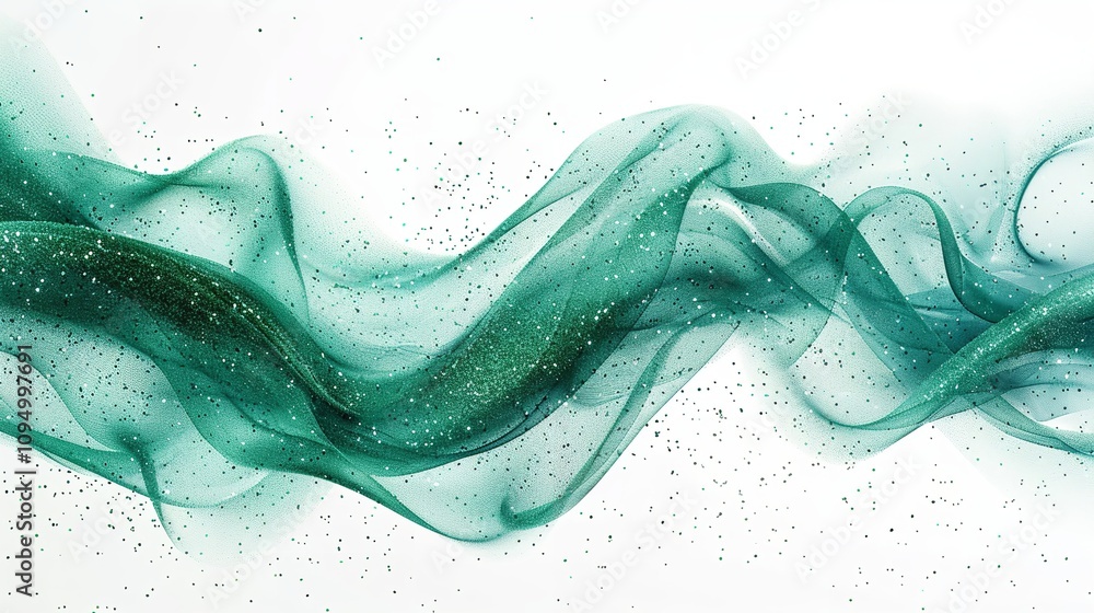 Poster an abstract green glitter wave illustration that is extremely close up and has a large content area 