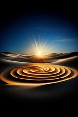 Naklejka premium El sol se eleva sobre dunas de arena con un patrón de espirales doradas, creando un paisaje surrealista y mágico. 