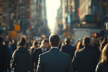 Obraz premium African American Man in Suit, Morning Commute, Busy City Street