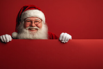 Naklejka premium A cheerful santa claus holding a blank sign for festive promotional message