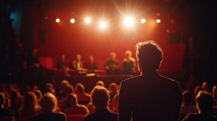 Silhouetted Man in a Darkened Auditorium Facing Bright Stage Lights