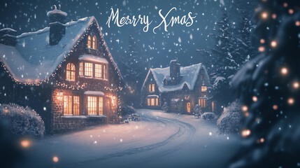 Fototapeta premium Vintage postcard view of a christmas town covered in snow winter village with text merry xmas celebration poster