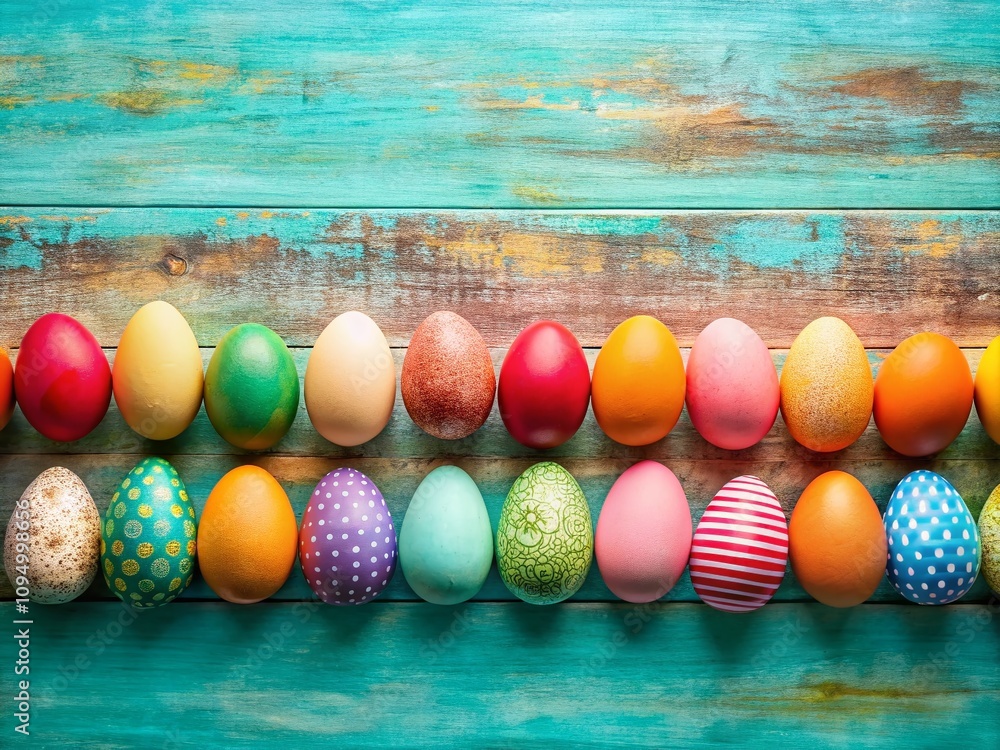 Poster fresh and colorful eierreihe with bright background featuring eggs of various colors on the left sid