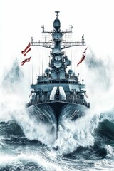 Warship cutting through stormy ocean waves.