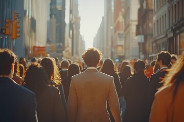 Obraz premium African American Man Walking Busy City Street in Gray Suit