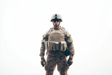 Soldier in camouflage, helmet, and body armor.