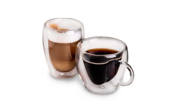 Two Glass cups with cappuccino and americano coffee. Side view Isolated on white or transparent background close up