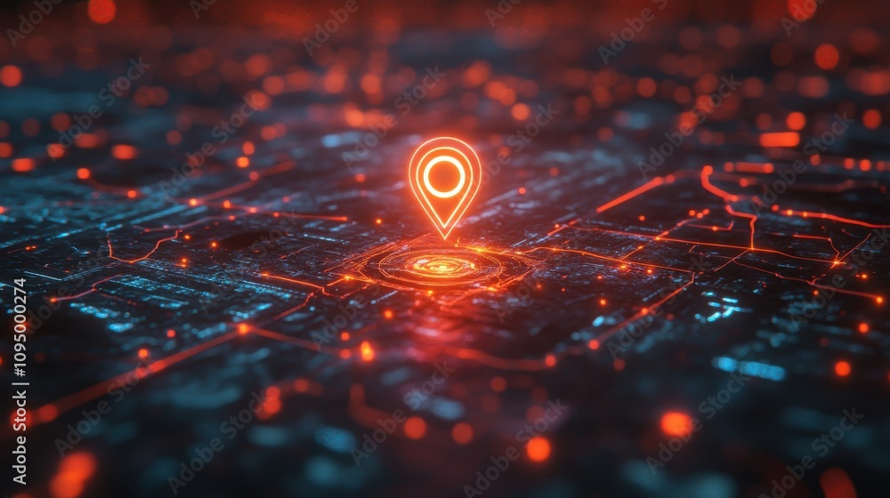 Poster gps location marker glowing on a detailed digital map in a cyberpunk style