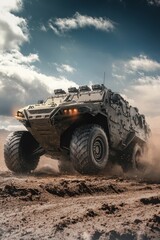 Military armored vehicle traversing dusty terrain.