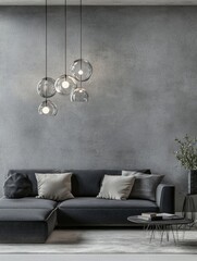 Modern Living Room Interior Design with Grey Sofa and Pendant Lights