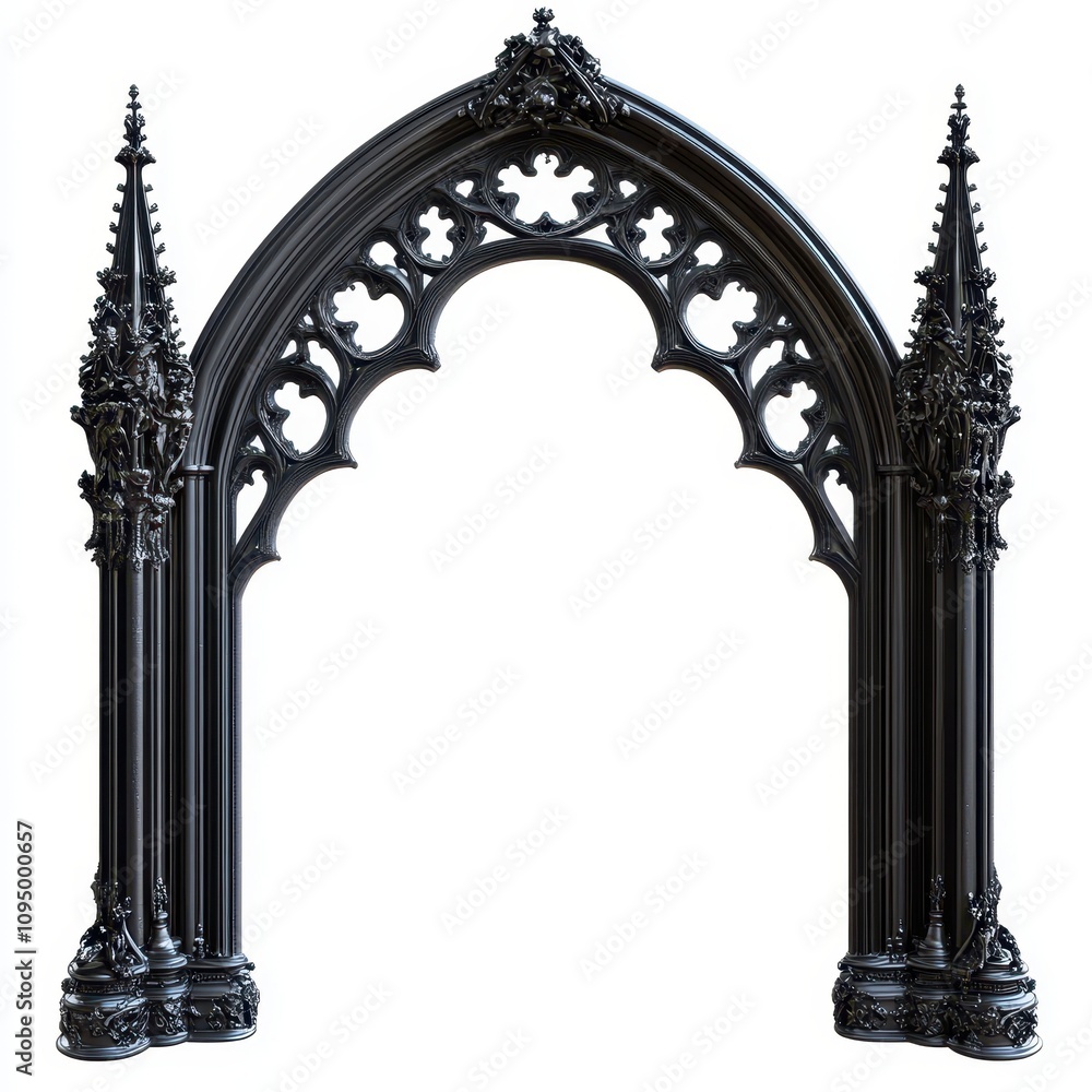 Poster a gothic-style archway featuring intricate designs and spires, suitable for architectural use.