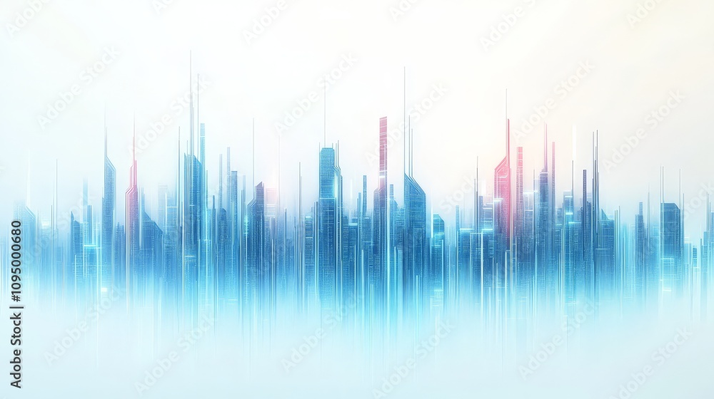 Poster an abstract city skyline with towering structures, blending blues and reds against a light backgroun