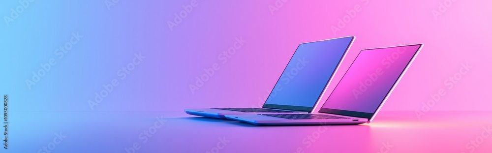 Poster a laptop mockup featuring a purple neon frame around the screen on a dark transparent background, sh