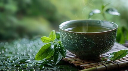 Green tea leaves with water droplets and a cup of the beverage close up against a hazy background of the outdoors with a large copy area, Generative AI.