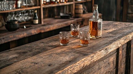 Wooden counter in a rustic bar setting with glasses and bottles of liquor